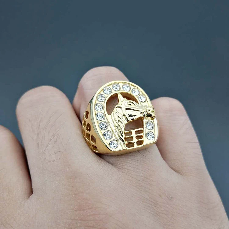 

Wholesale Gold Plated Stainless Steel Ring Animal Horse Head Diamond Crystal Inlay Horse Ring, Picture