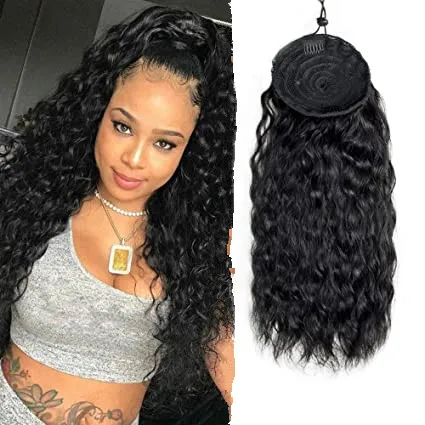 

140g Curly Human Hair Ponytail Extension Brazilian Natural Curl Wave Black Drawstring Pony Tail Real Hair Pieces For Women 140g