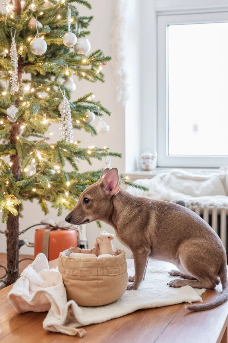Christmas tree adorned with mouse-shaped ceramic ornaments in a rustic setting