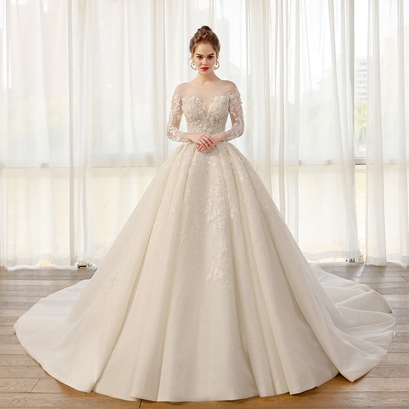 

SL8183 cheap wedding gowns dress bridal lace appliqued illusion neck long sleeve wedding dresses for bride plus size bride gown