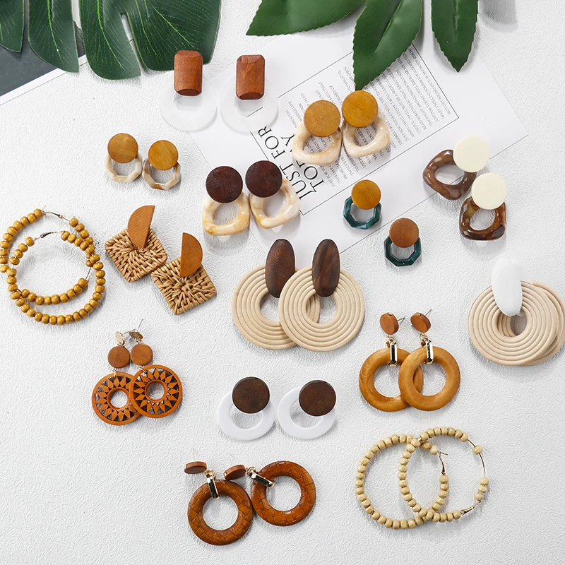 

New Fashion design jewelry korean handmade environment friendly wood flower Bamboo Pearl Shell rattan earring for women