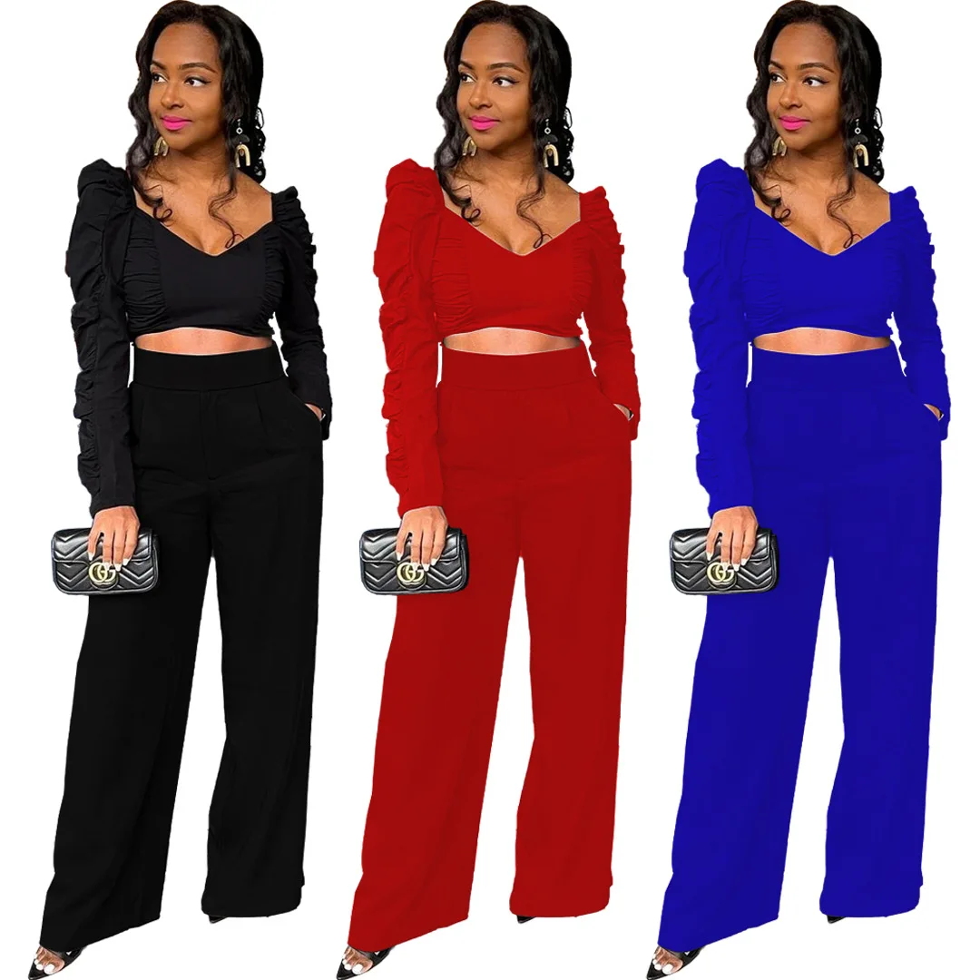 

Ladies Autumn New Solid Color V-neck Pocket long sleeve african two piece pants set for women 2 piece set