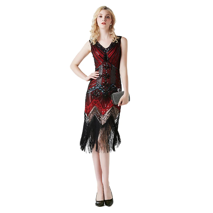 

Women's Vintage 1920s Sequin Beaded Tassels Party Night Hem Flapper Gown Dress