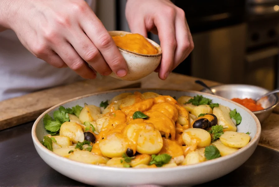 Chef's hands preparing traditional Peruvian dish with aji amarillo sauce being drilled over boiled potatoes and olives