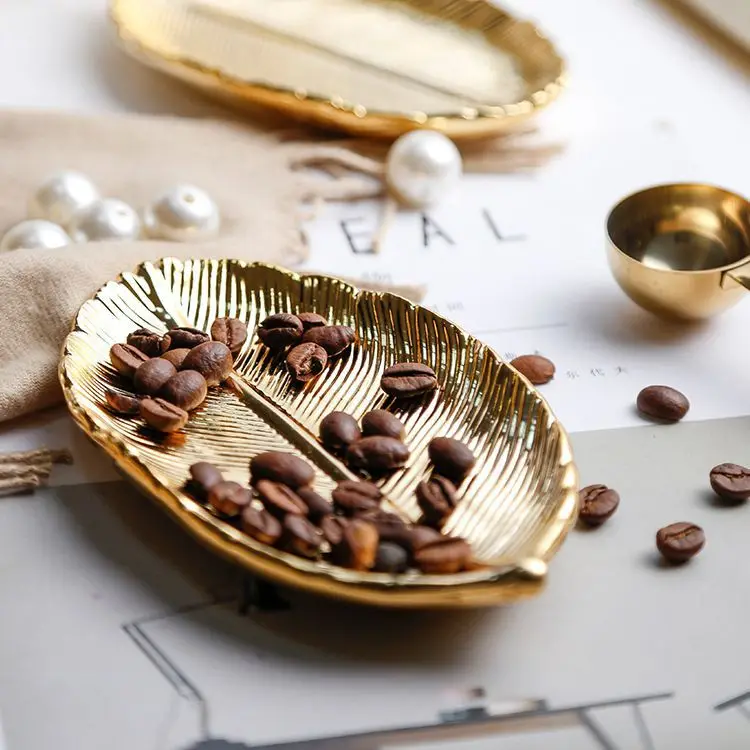 

Plating golden leaf ceramic jewelry storage tray, As photo