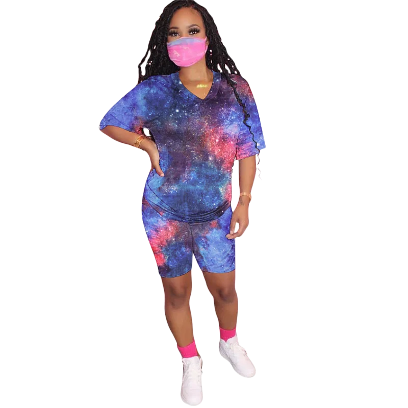 

FM-5403 New fashionable casual suit printed tie dye shorts two pieces set for women without face cover, Pic