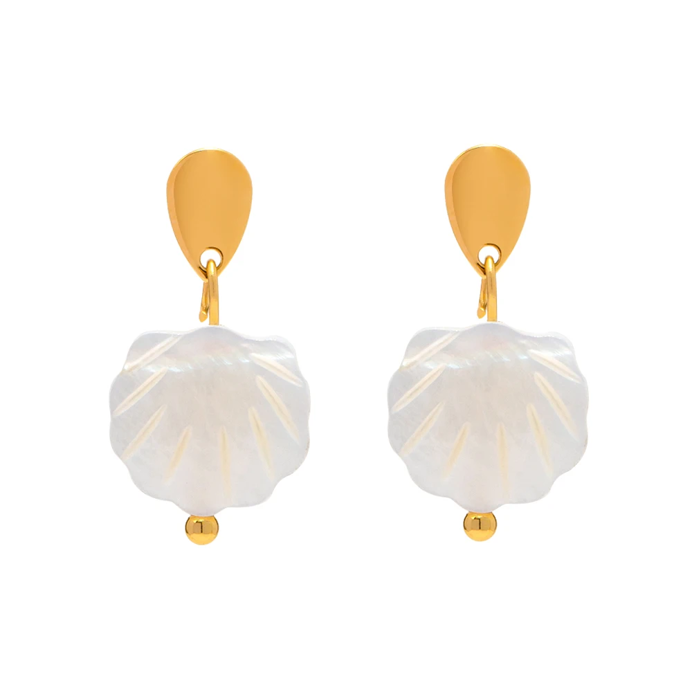 

J&D Design Natural Round Shell Pendant 18k PVD Gold Plated Stainless Steel Shell Summer Earrings For Women