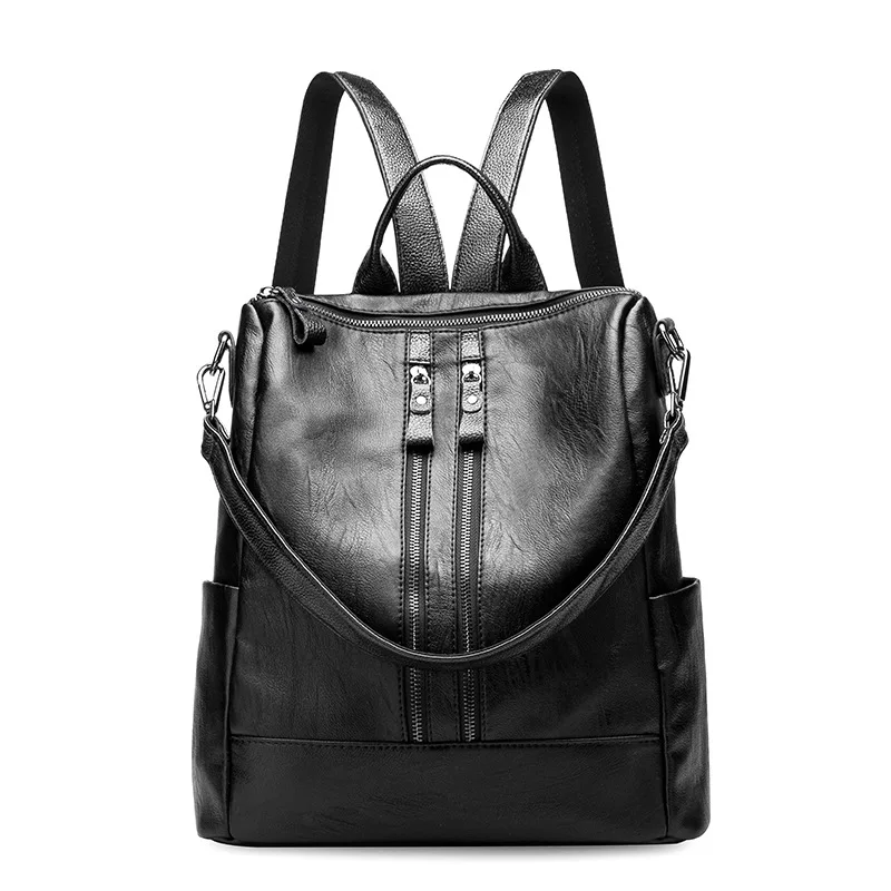 

Factory direct supply 2021 new ladies backpack fashion PU backpack zipper solid color school bag, Black