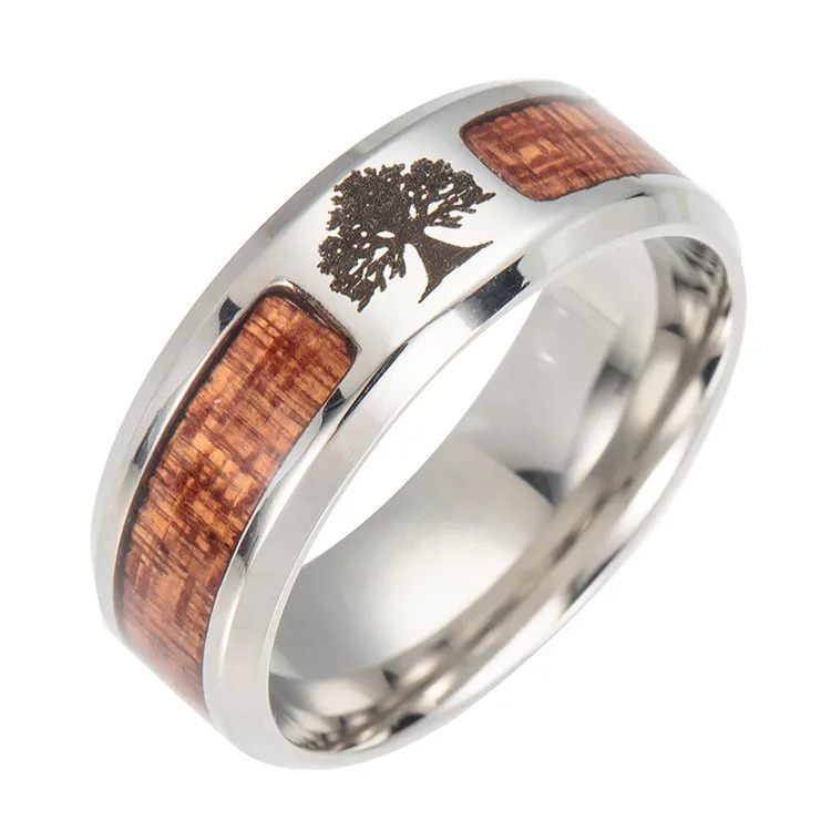 

Jewelry Custom Tree of Life logo Stainless Steel Men's European fashionable inlay Wood Band Rings designs