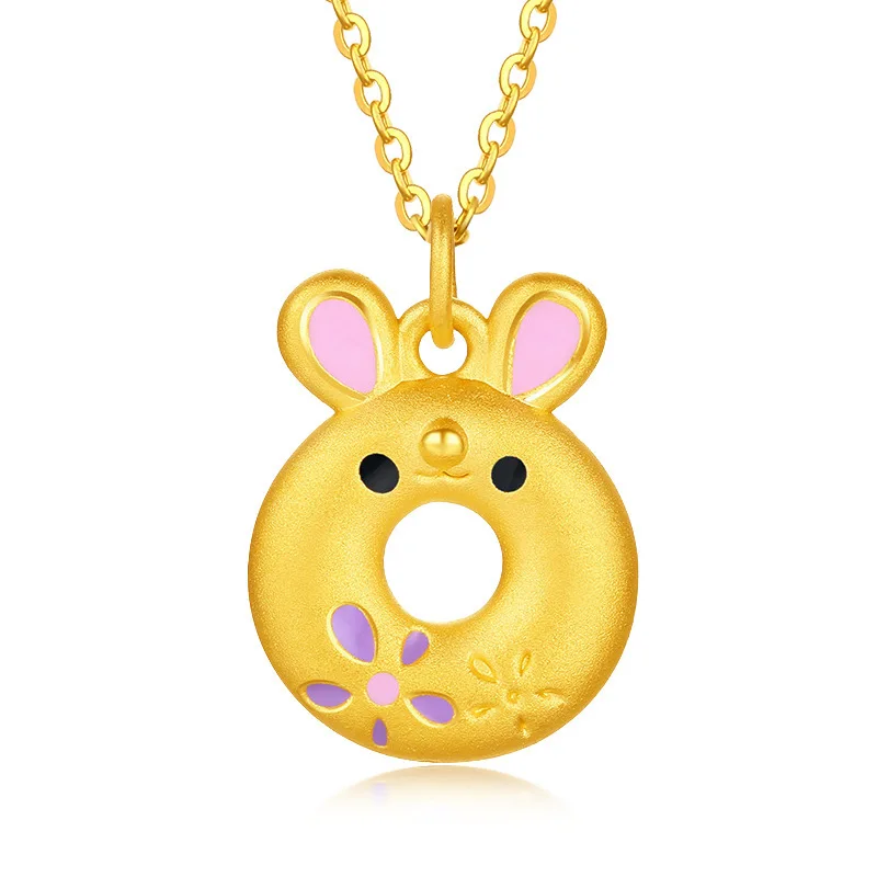 

Certified Pure Gold 999 Donut Gold Rabbit Enamel Pendant Female 3D Hard Pure Gold Zodiac Rabbit Peace Buckle Necklace