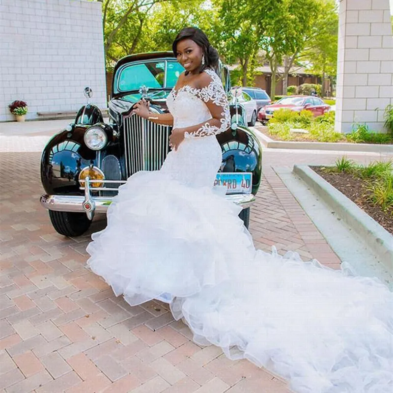 

NE223 Top Sale Long Sleeves Ruffle African Mermaid Wedding Dresses Organza Beads Sheer Bride Dress Lace Big Train Wedding Gown, Default or custom