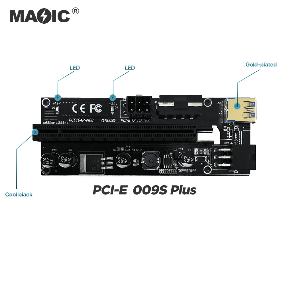 

Newest VER009S 6pin PCIE x1 to x16 Riser 6 Pin V009S PCIE Riser card With USB3.0 Cable For Bitcoin Mining, Black