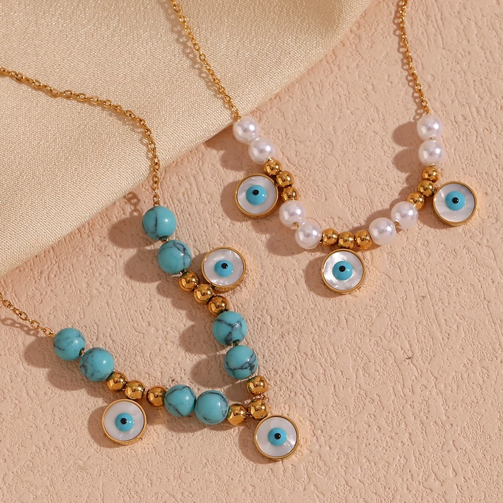 Turquoise Jewelry Imitation Pearl Evil Eye Jewelry Gold Plated Stainless Steel Charm Necklace