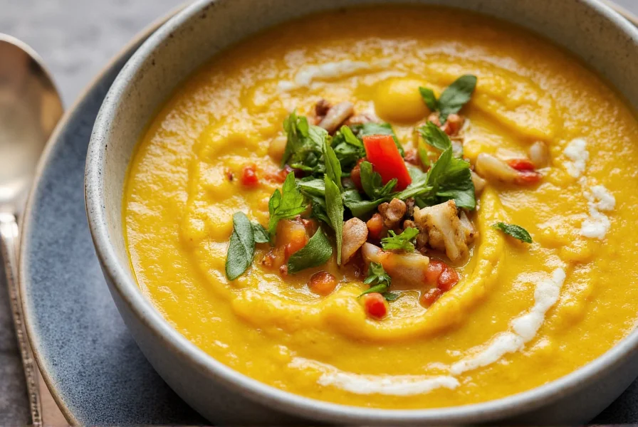 Colorful bowl of ginger-turmeric soup with vegetables and fresh herbs for immune-boosting meals