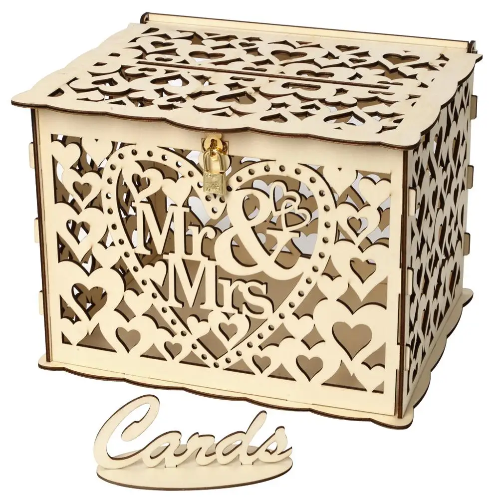 

New DIY Wedding Gift Card Box Wooden Money Box with Lock Beautiful Wedding Decoration Supplies for Birthday Party Storage Money