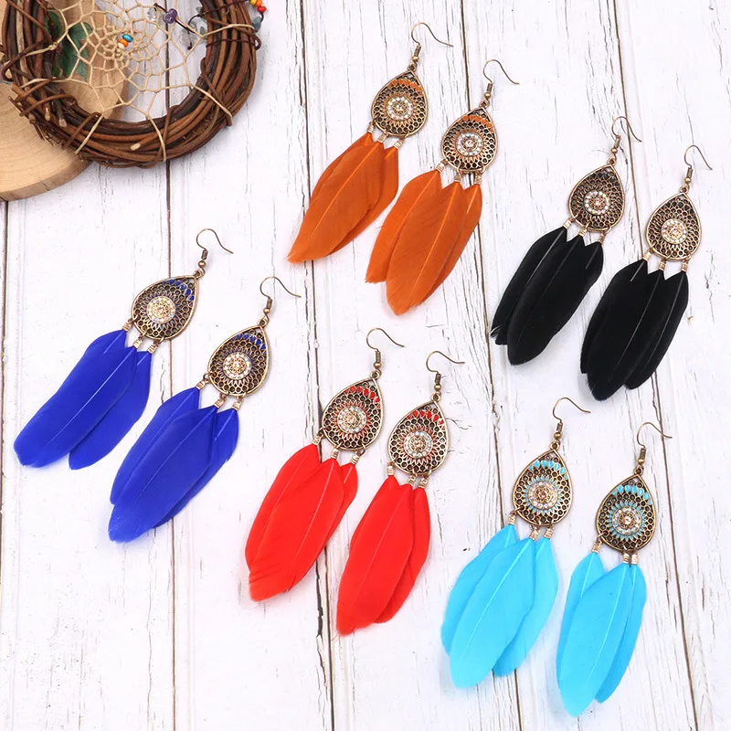 

Unique Blue Feather Earrings Bohemian Vintage Boho Hawaiian Earrings for Women