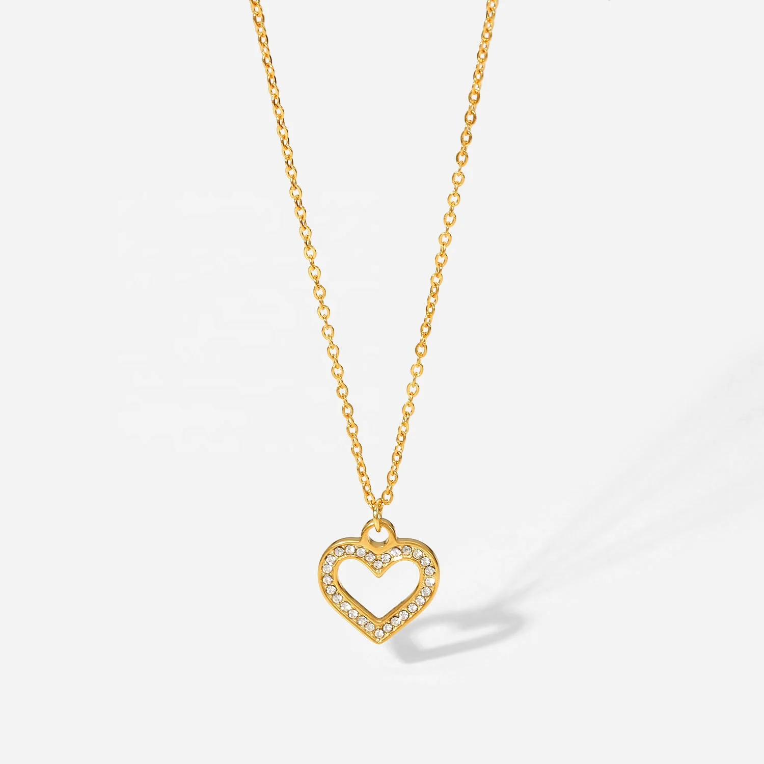 

New Arrival 18K PVD Gold Plated Heart Necklace Stainless Steel Clear Zircon Hollow Heart Pendant Necklace for Women