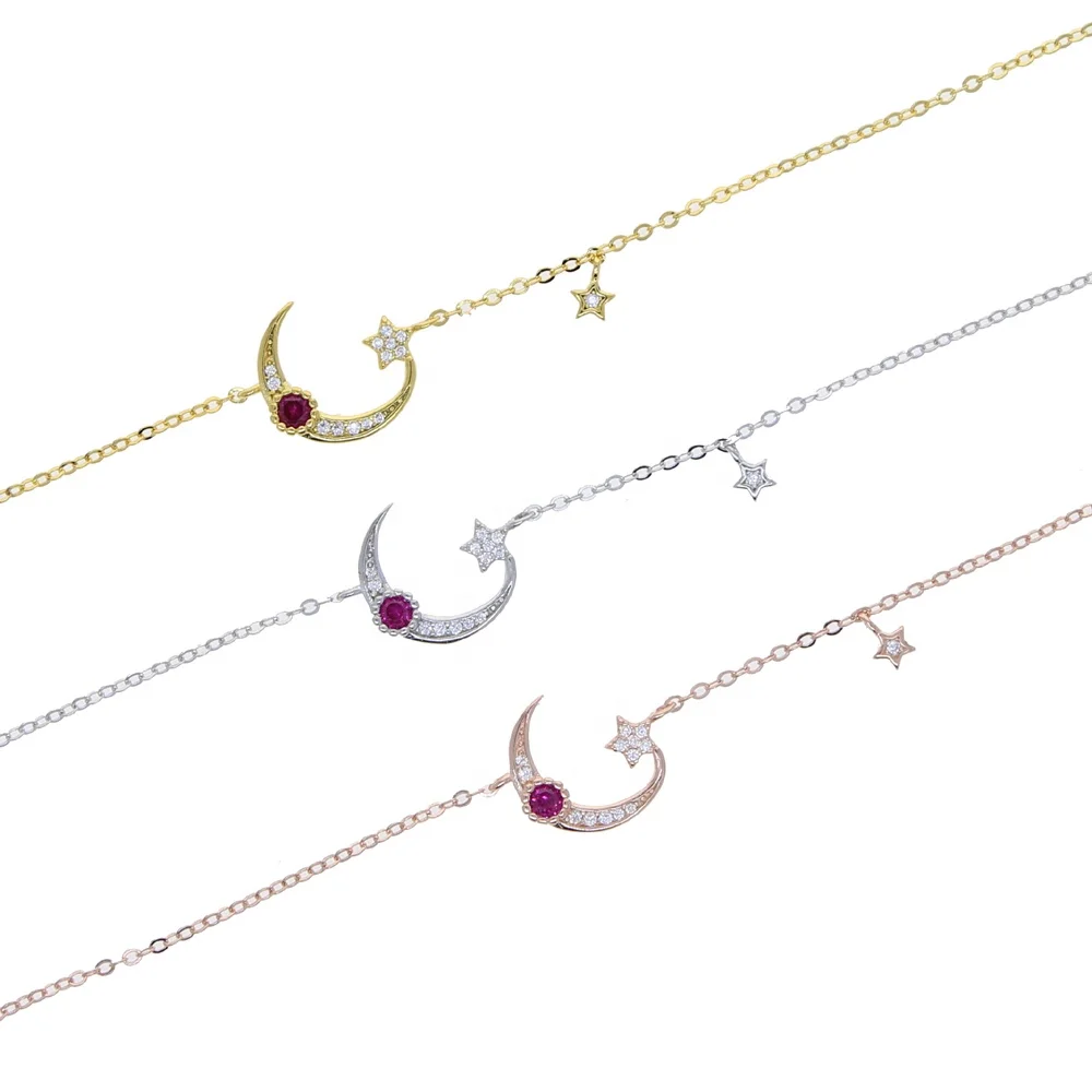 

925 Sterling Silver moon star pendant delicacy cz thin chain bracelet for women, Gold