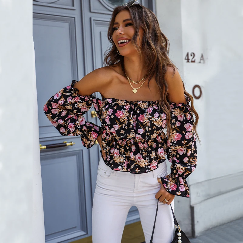 

Ladies top long sleeve off shoulder shirt Woman Blouse print puff sleeves sexy long sleeve tops