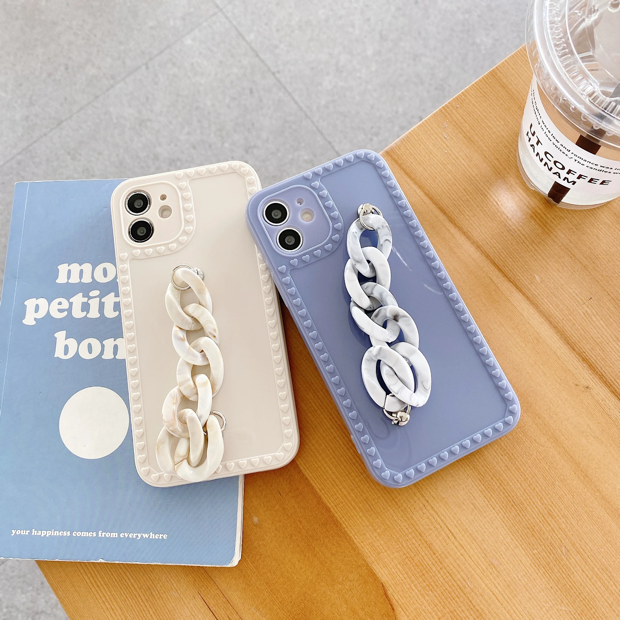 

For iPhone 12 11 Pro Max X 6 7 8 Plus Cute Cartoon Marble 3D Photo Frame Soft Hand Phone Case With Strap Bracelet