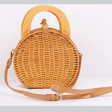 

New Handmade Round Rattan Woven Straw Sling Shoulder Bag Beach Handbags wooden handle