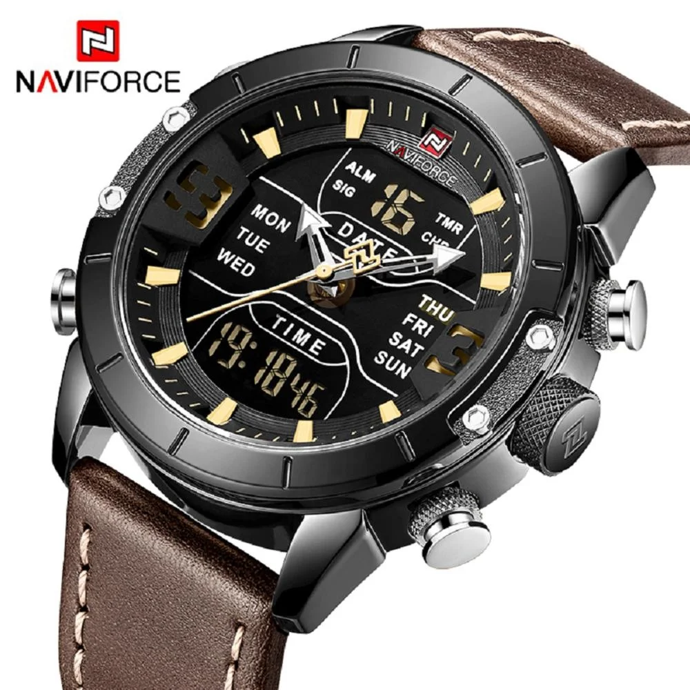 

NAVIFORCE 9153 Watch Luxury Wristwatches Man Military Quartz Digital Clock Genuine Leather Watches Men Wrist Relogio Masculino, 5-colors