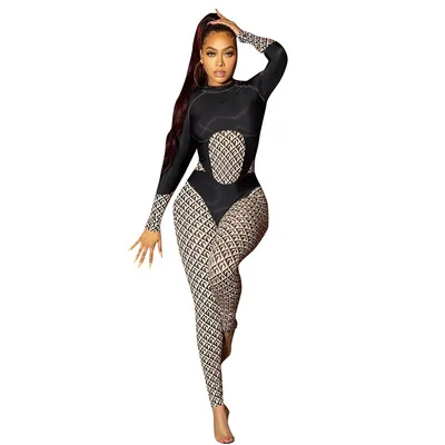 

New Designer Women's Black Contrast Color Bodycon Patchwork Print Sports Jumpsuit