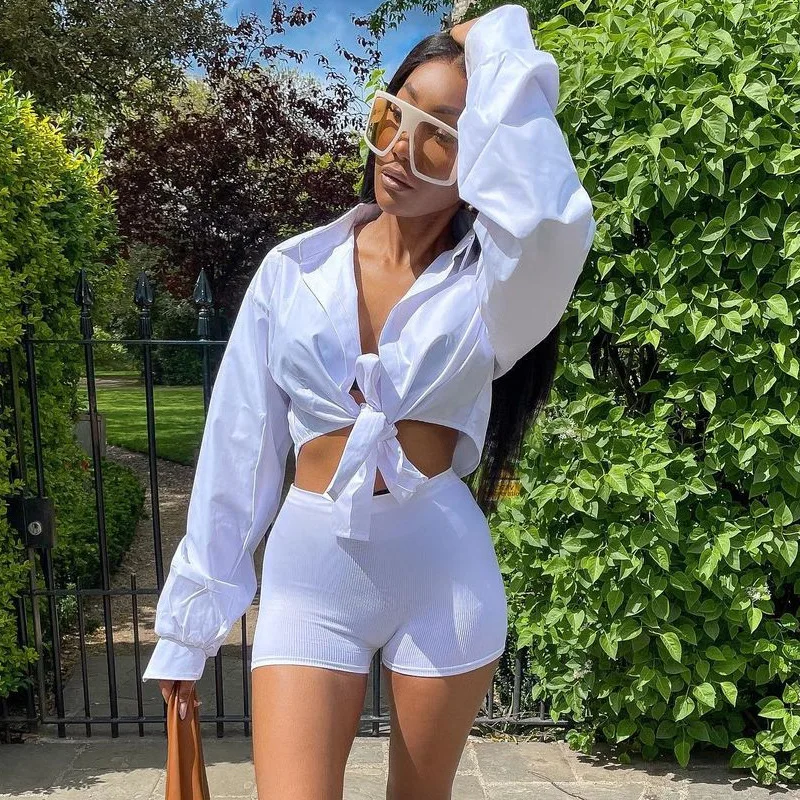 

Drop Shipping 1pcs Casual Shorts Set Trendy New Arrivals 2021 Summer Solid Color Elegant Long Sleeve Ladies Blouse Shorts Set, Black white