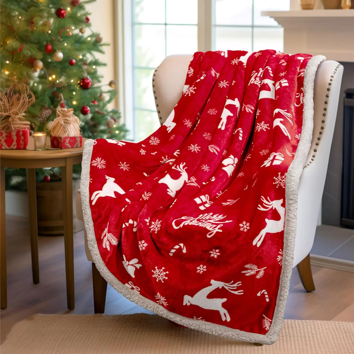 Premium Printed Christmas Sherpa Throw Blanket Eco-Friendly Anti-Pilling Winter King Size Warm Thick Decorative Blanket