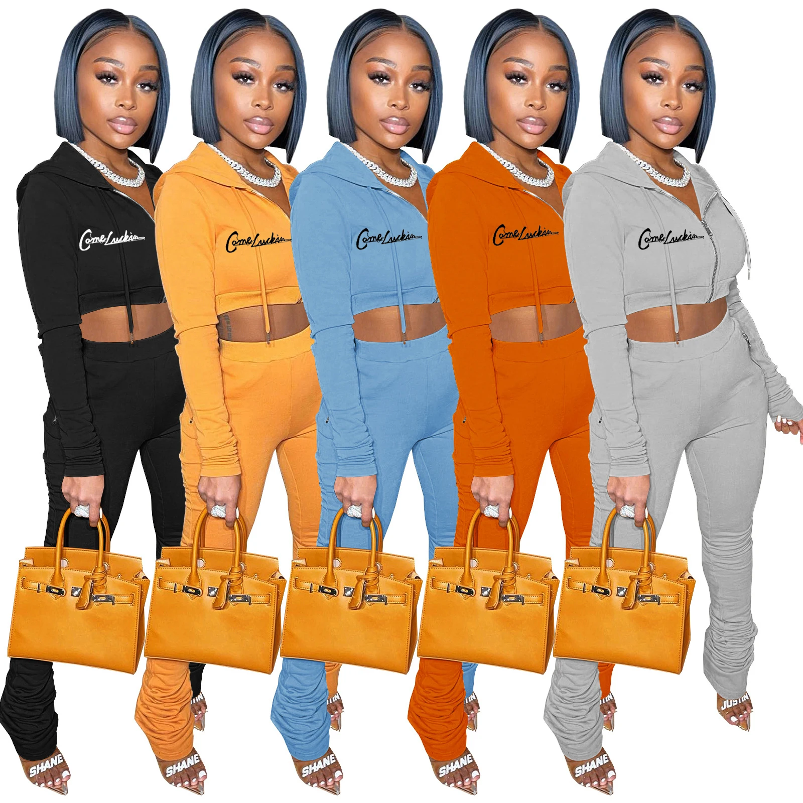 

Fall Fleece Stacked Pants Tracksuit Jogger Set Zip Up Hoodie Crop Top Sweatsuit Two Piece Set Loungwear Matching Set Women