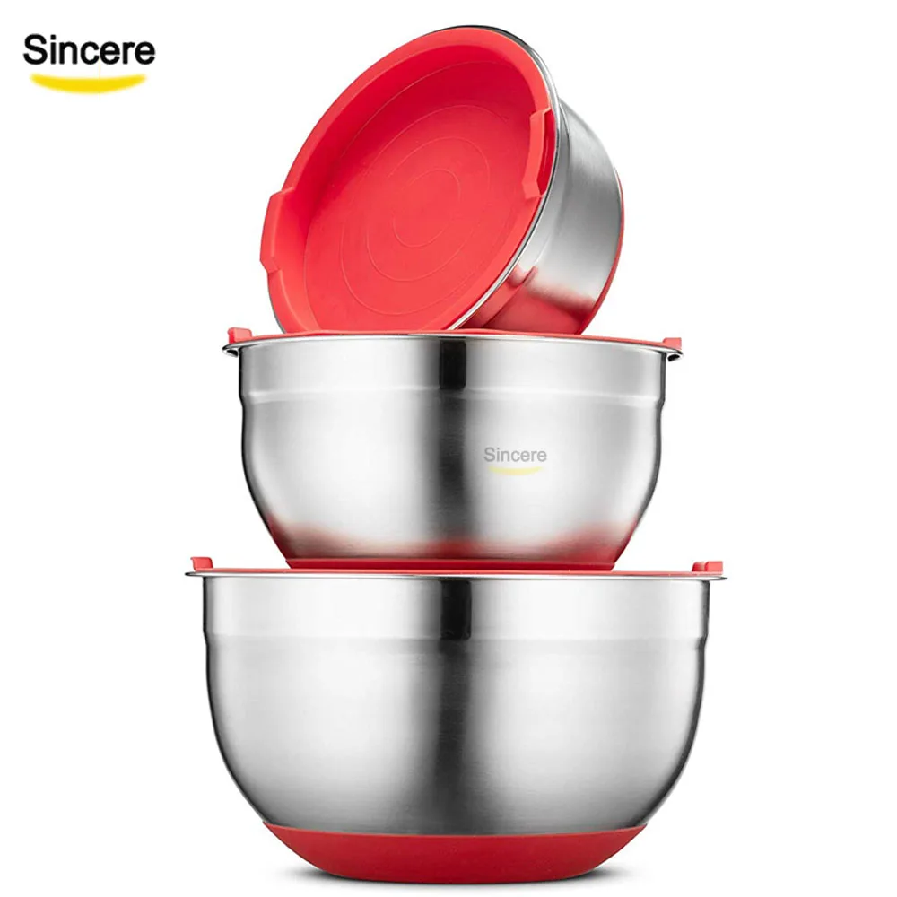 

Airtight 1.5qt 3.0qt 5.0qt stainless steel mixing bowls nested bowl set with lids silicone bottom Red, Red/ black