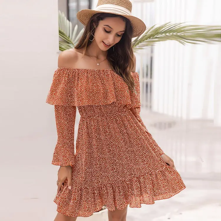 

High-quality original design floral Orange off shoulder dress dresses women summer casual