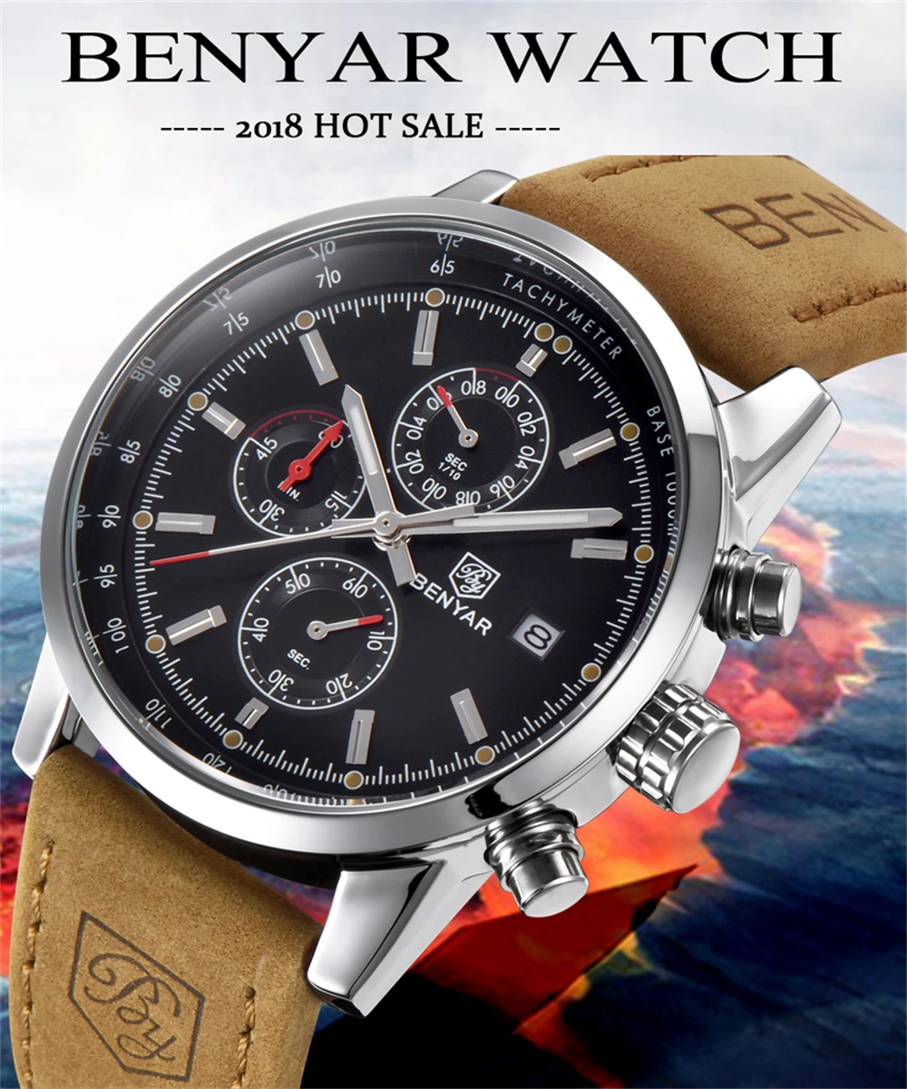 BENYAR 5102 Men Quartz Watch Chronograph Calendar Water Resistant Leather Wrist