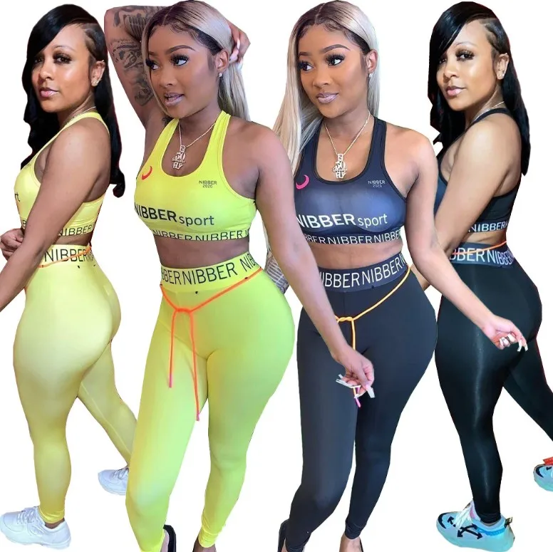 

Latest Casual Halter Top Leggings Suit Letter Printed Plus S-3XL GYM Wear Solid Adjustable Drawstring Women 2 Piece Jogger Set