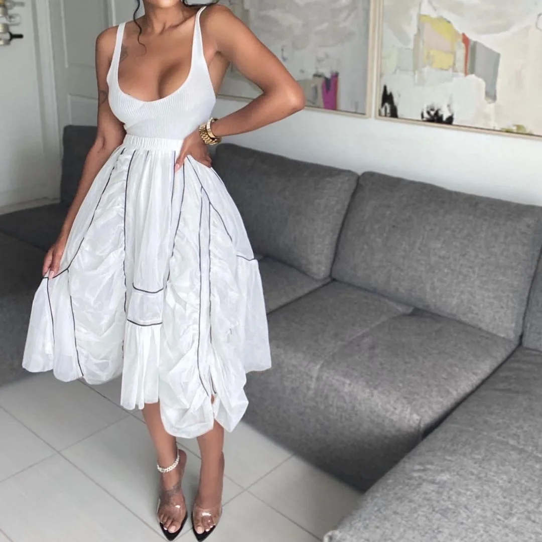 

Summer Autumn Unique Skirts Womens Midi Knee Length Korean Elegant High Waist Vintage Female Pleated Casual Simple Women Skirts, Net design