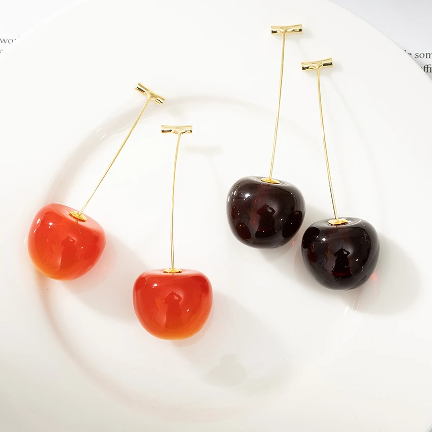 

cute 18K gold plated funky fruit cherry long dangle drop acrylic resin earrings for women girls