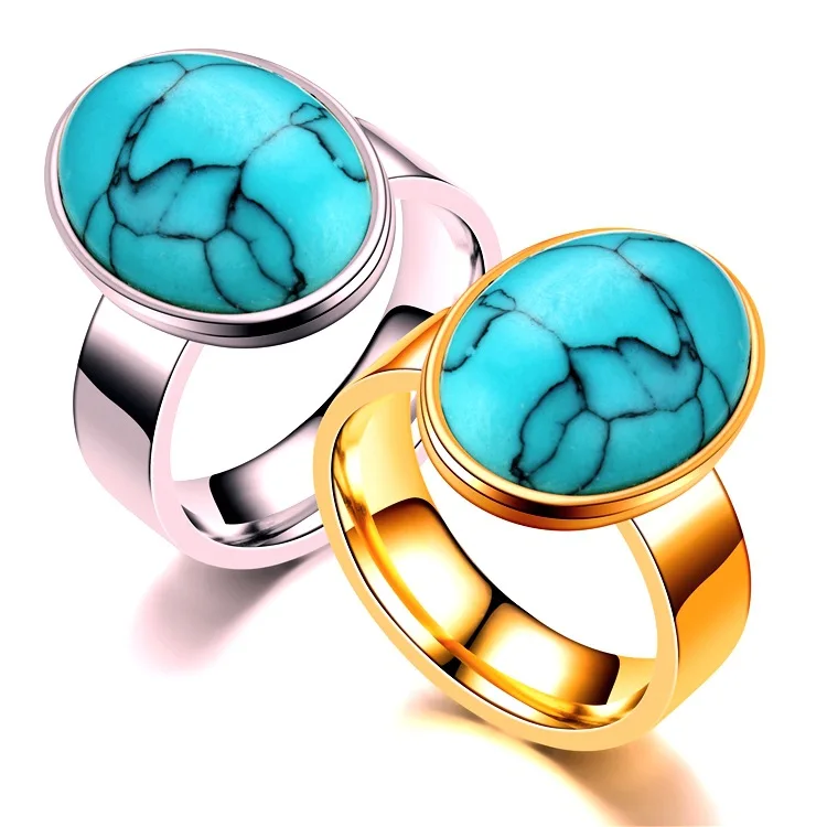 

Unique Vintage No Fade Titanium Steel Green Gemstone Rings High Polished Stainless Steel Turquoise Finger Rings For Couples