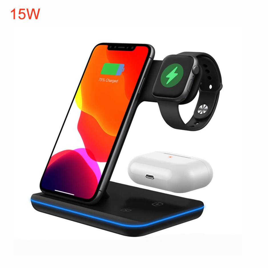 

15W 3 in 1 Wireless Charger Dock 10W 12v 2a Wireless Charging Station Qi Fast Wireless phone watch earphone Charger, Black,white
