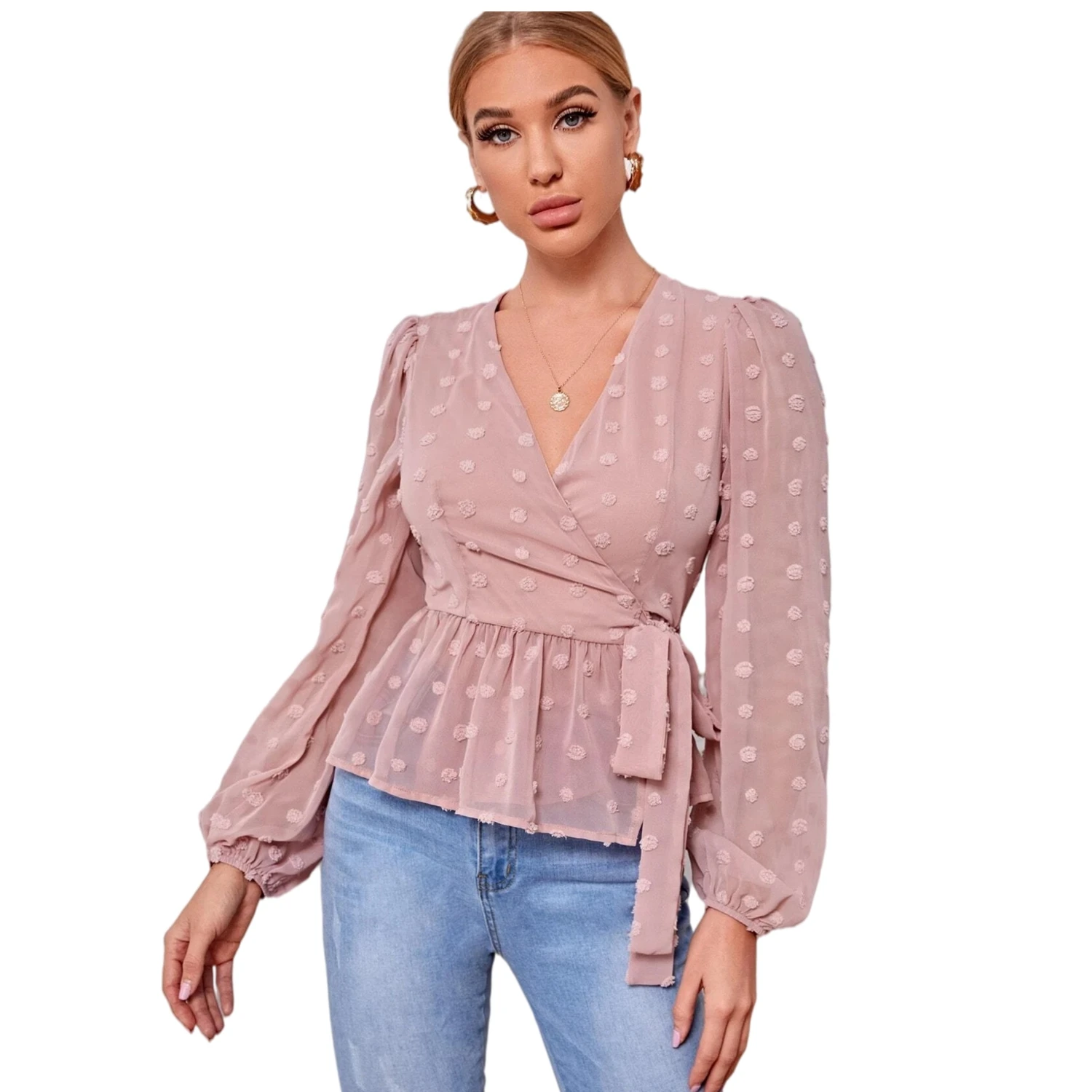 

2021 spring and summer temperament hedging long-sleeved V-neck slim light mature blouse