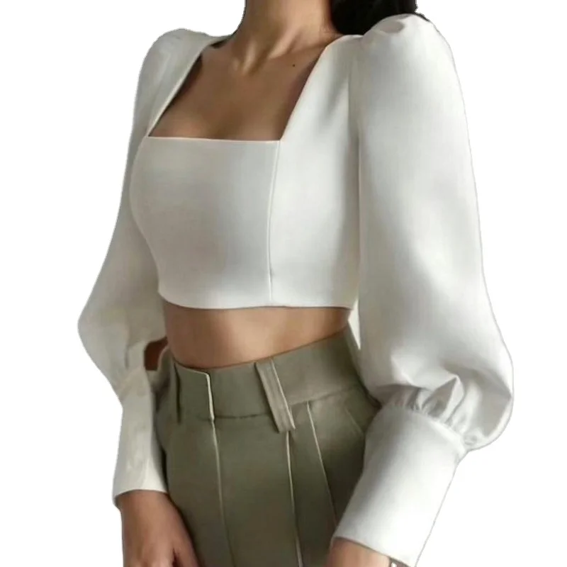 

Candice Sexy low-cut open back zip up short shirt blouse elegant lace up women square neck puff sleeve crop top