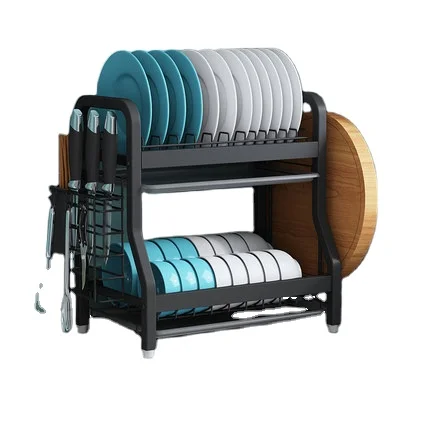 

2 layers stainless steel storage holders dish drainer rack kitchen use storage holder, Black/silver