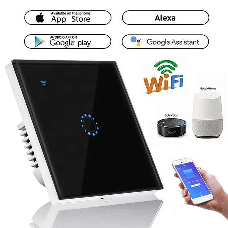 
Fast delivery 1 Gang EU WiFi Switch Amazon Alexa and Google Home Touch Wall Switch LED Light Glass Panel Remote Smart Switch OEM 