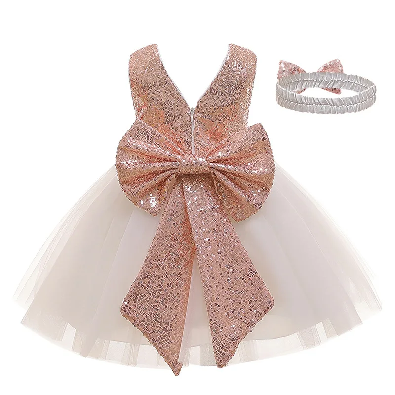 

MQATZ New Arrival Sequined Bow Summer Kids Clothing Birthday Party Dress With Headband D764