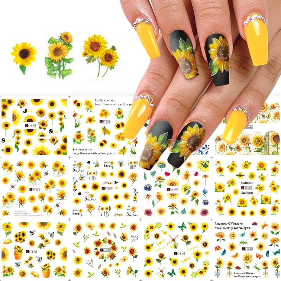 

1pc Of 12 Types Sunflower Water Decals Transfer Foils Nail Stickers Blossom Florals Nail Art Sliders Decorations for Manicure, Mutiple-color as picture