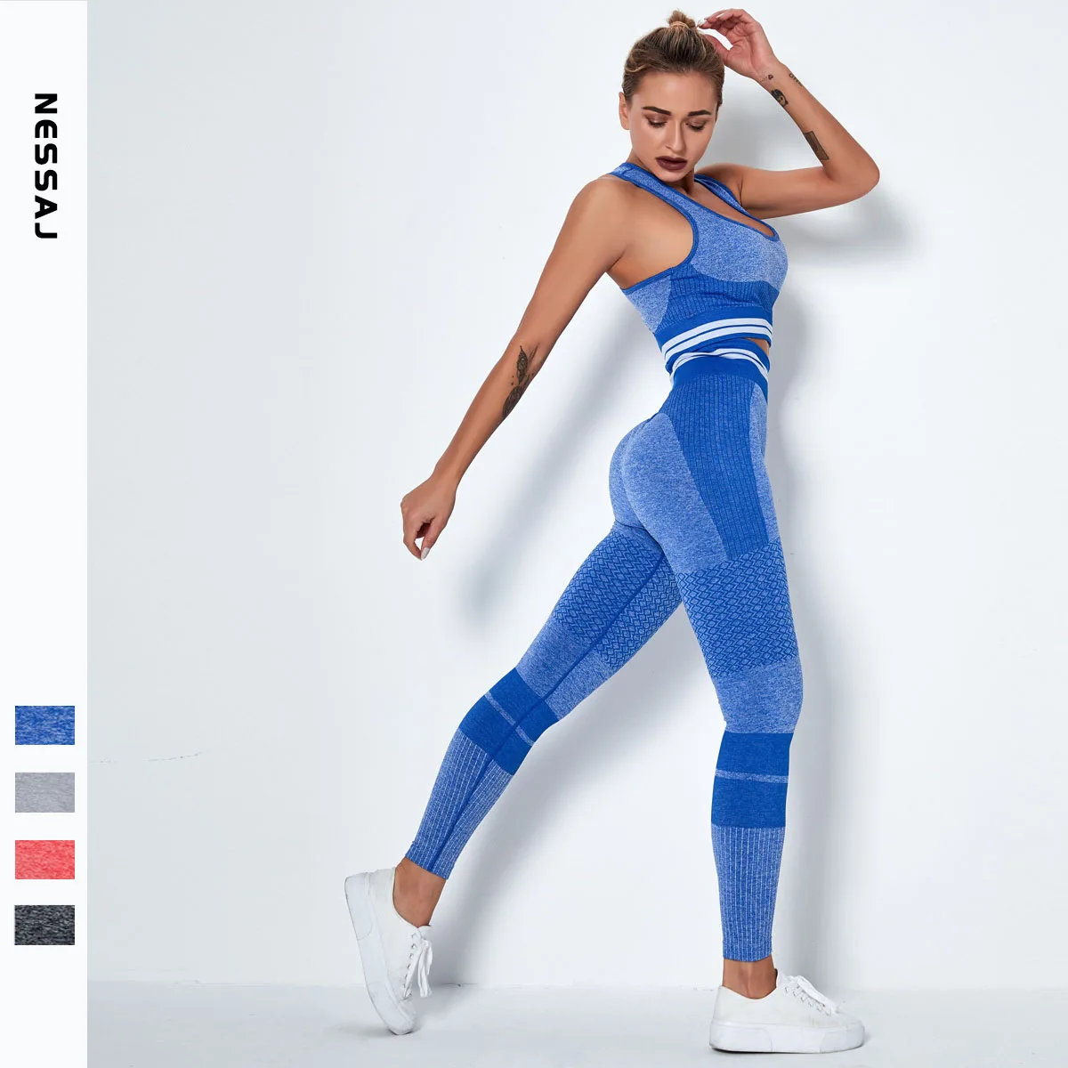 

Custom 2 Piece Women Stripe Seamless Butt Lift High Waisted Set Sports Fitness Gym Wear Workout Yoga Suit, 4 colors