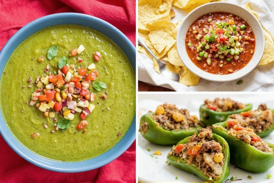 Colorful array of easy poblano pepper recipes including soup, quesadillas, and stuffed peppers