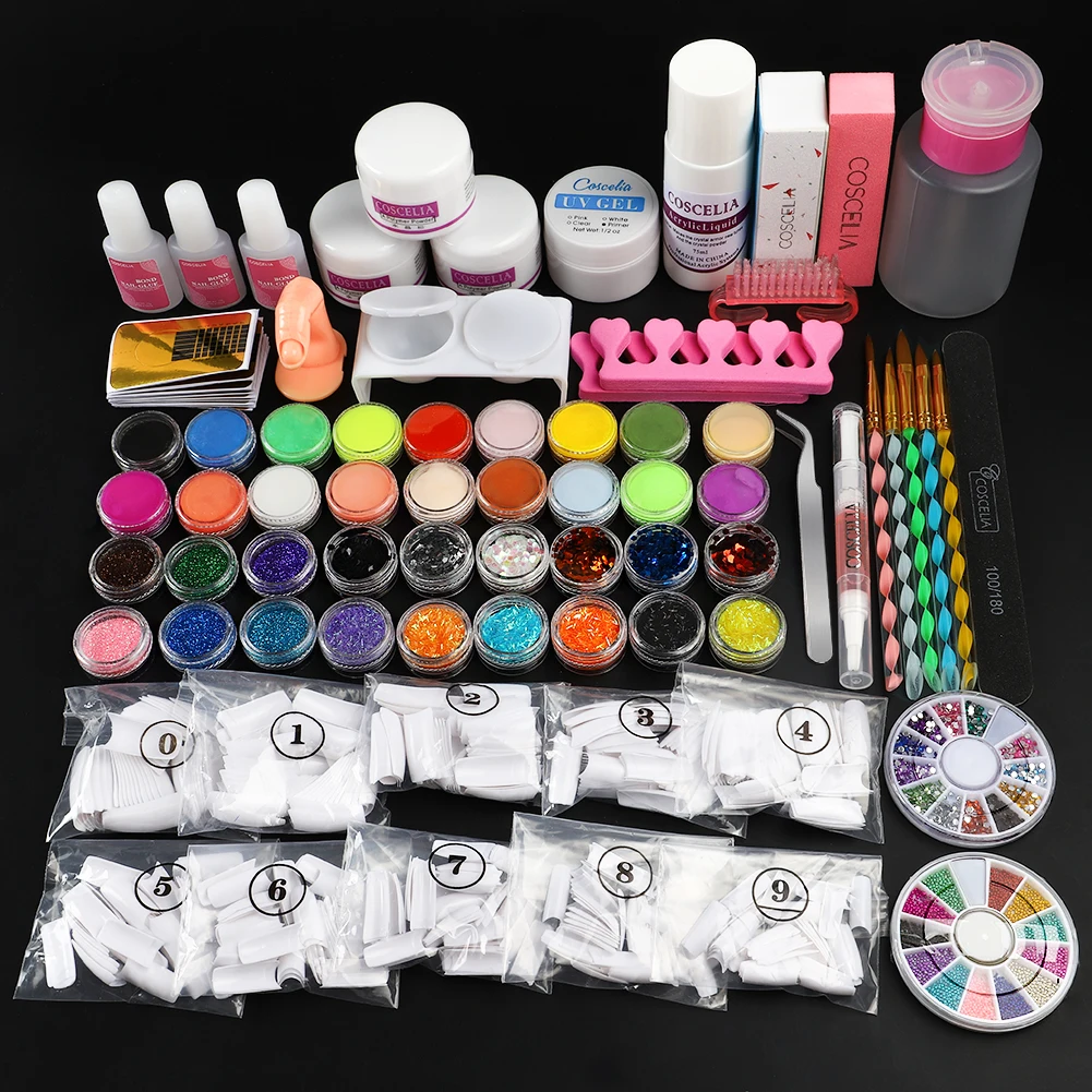 

COSCELIA US SHIPPING Acrylic Powder Liquid Brush Glitter Clipper Primer File Nail Art Tips Set Manicure Kit, 3 colors