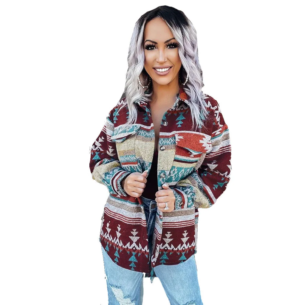 

Autumn Aztec Print Jacket Long-Sleeved Coat for Women Geometric print Casual Jacket Single-Breasted Lapel Tops Shacket