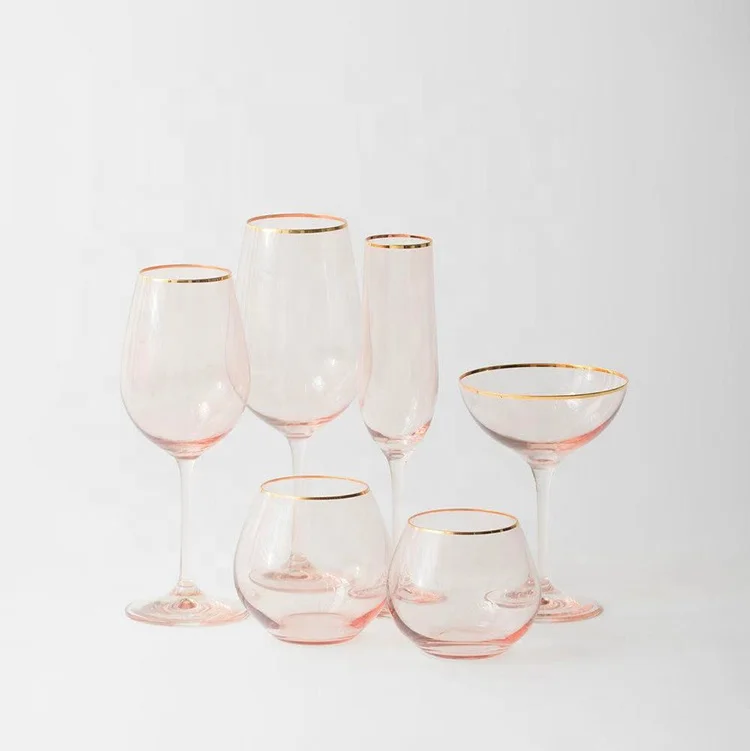 

China Factory Gold Rim Pink Red/White Decorative Unique Fancy Wine Glass, Pink with gold rim