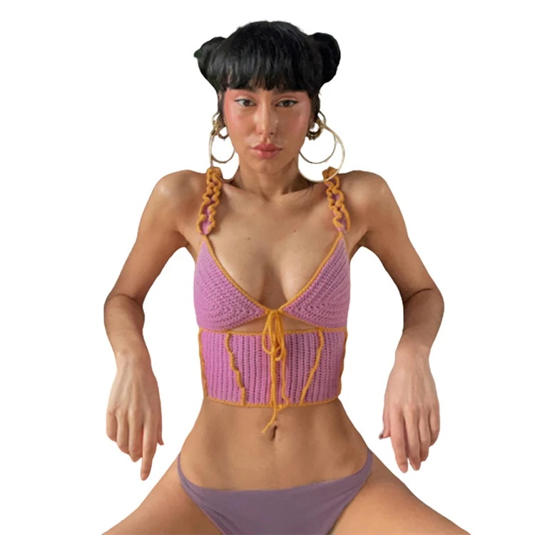 

DUODUOCOLOR summer fashion new arrivals knit crop top contrast color tight backless hollow out womens vest D97975